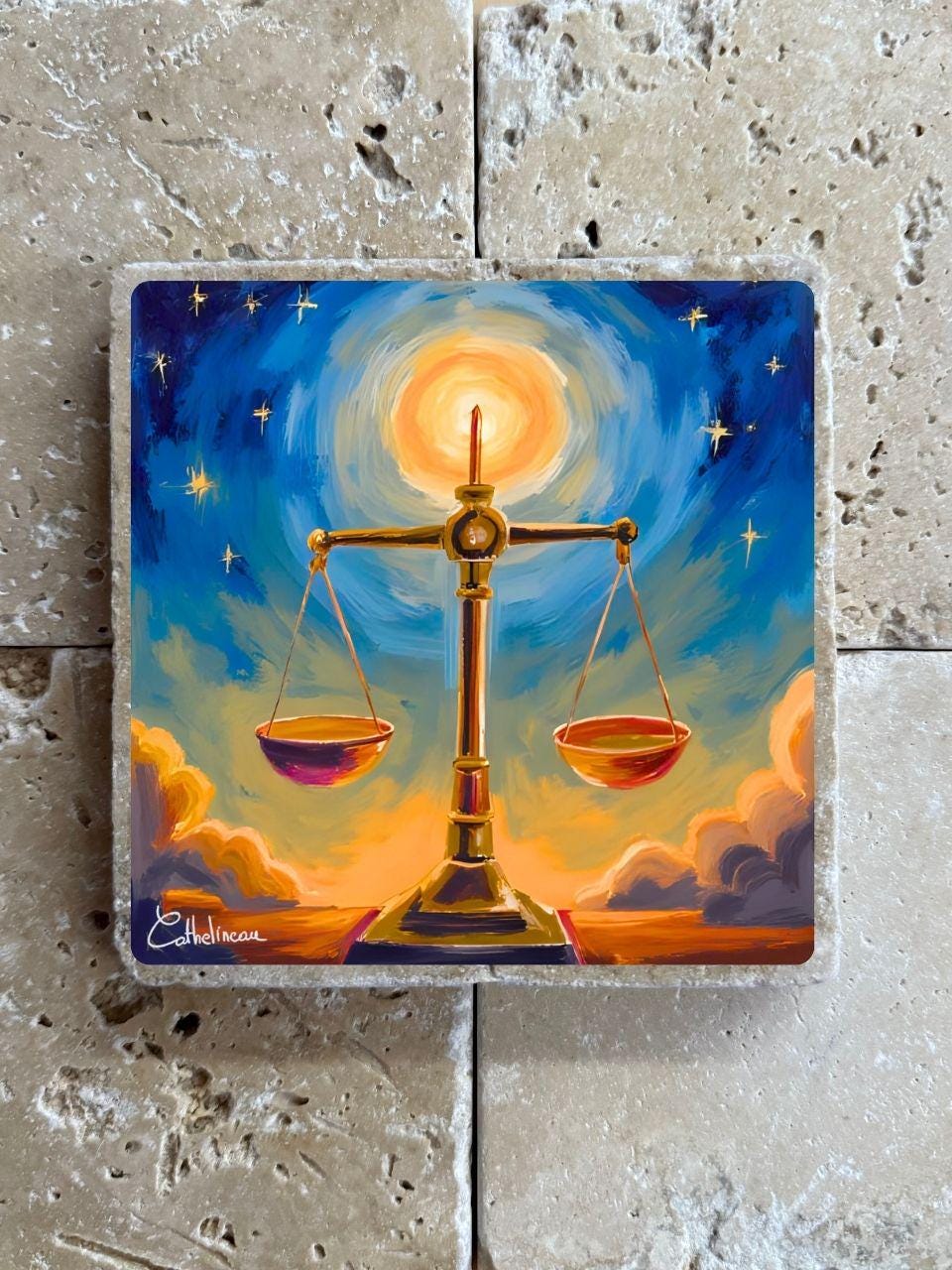 Pierre de travertin Balance – Signe astrologique – Illustration artisanale zodiaque