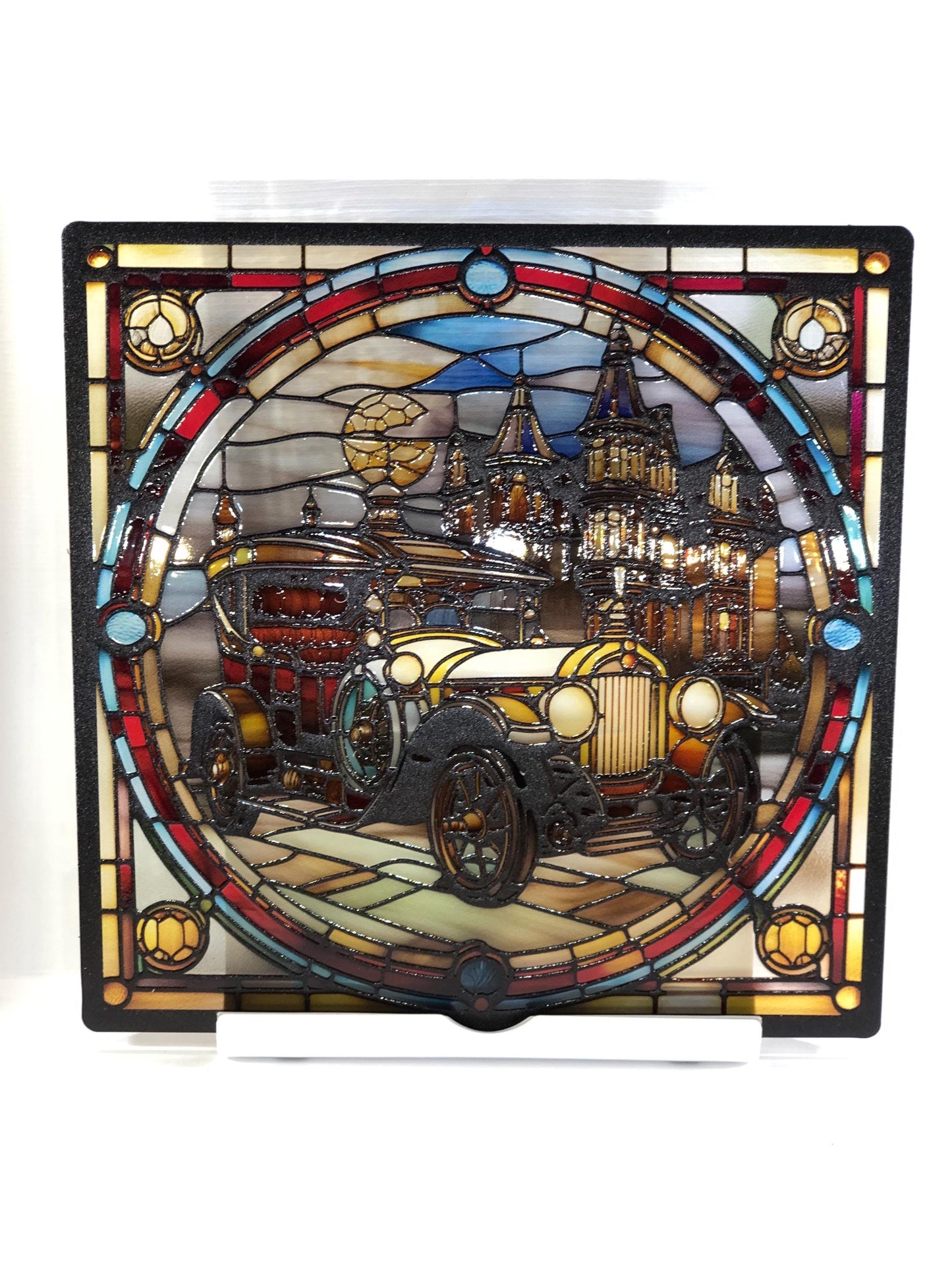 Vitrail La Voiture de Ville Steampunk – Décoration de Vitre Industrielle – Cadeau Original pour Passionnés de Science-Fiction