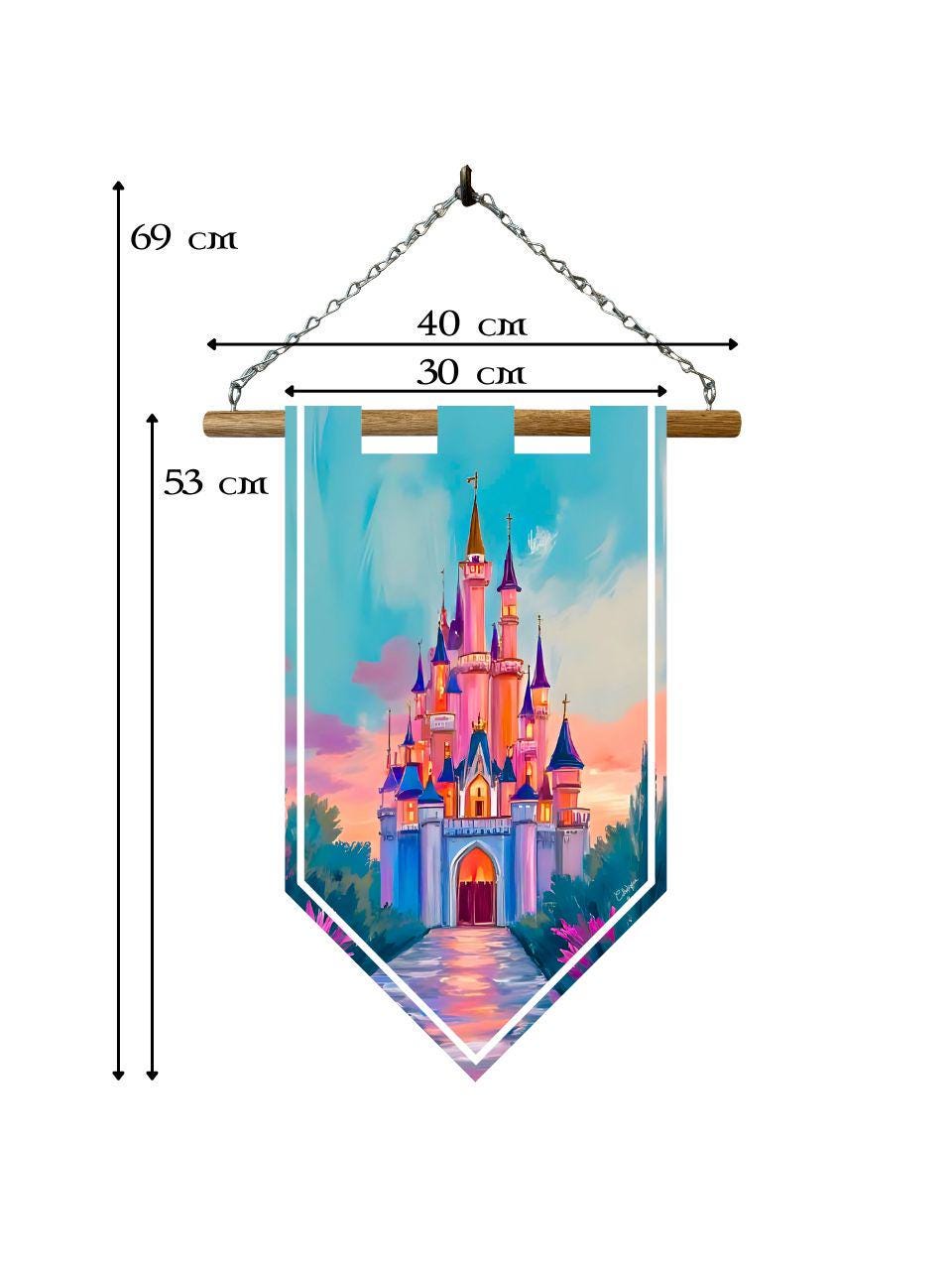 Étendard château féérique – Bannière murale toile 510g/m2 – Déco murale conte de fées et magie