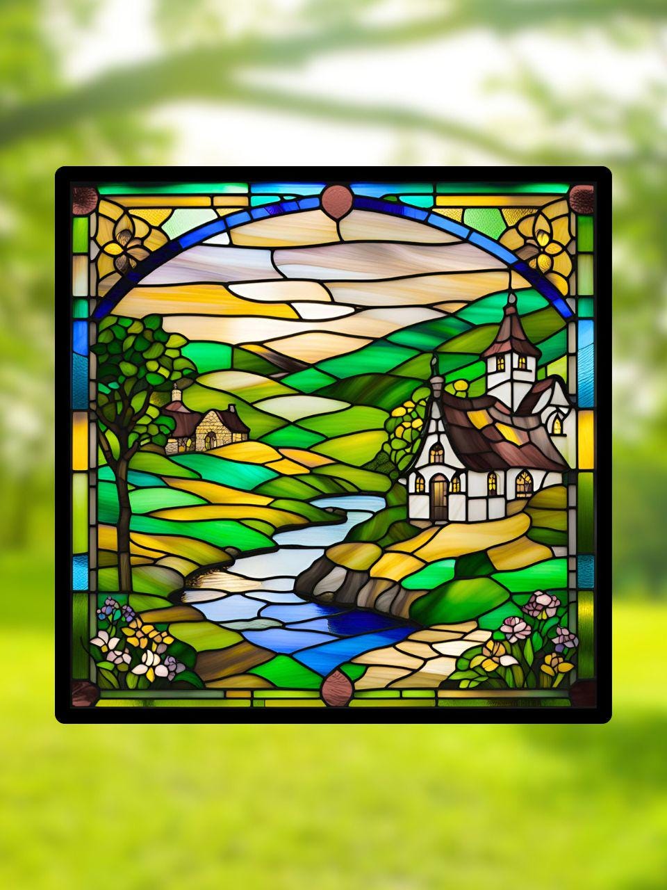 Vitrail Le Village Médiéval – Décoration de Vitre Historique – Cadeau Original pour Passionnés du Moyen Âge