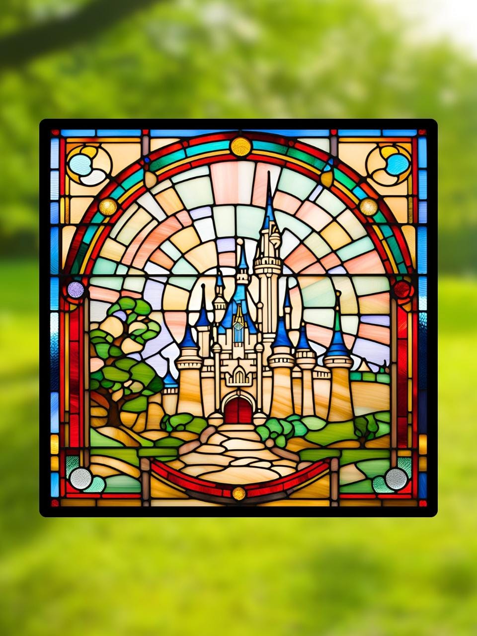 Vitrail Château de compte de fée – Décoration de Vitre Féérique – Cadeau Original pour Passionnés de Contes de Fées