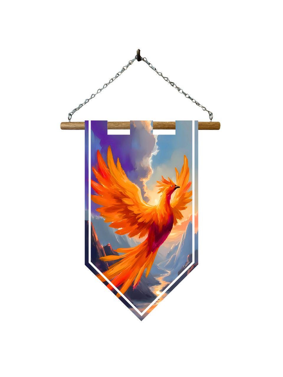 Étendard phénix flamboyant – Bannière murale toile 510g/m2 – Déco murale oiseau légendaire et fantasy