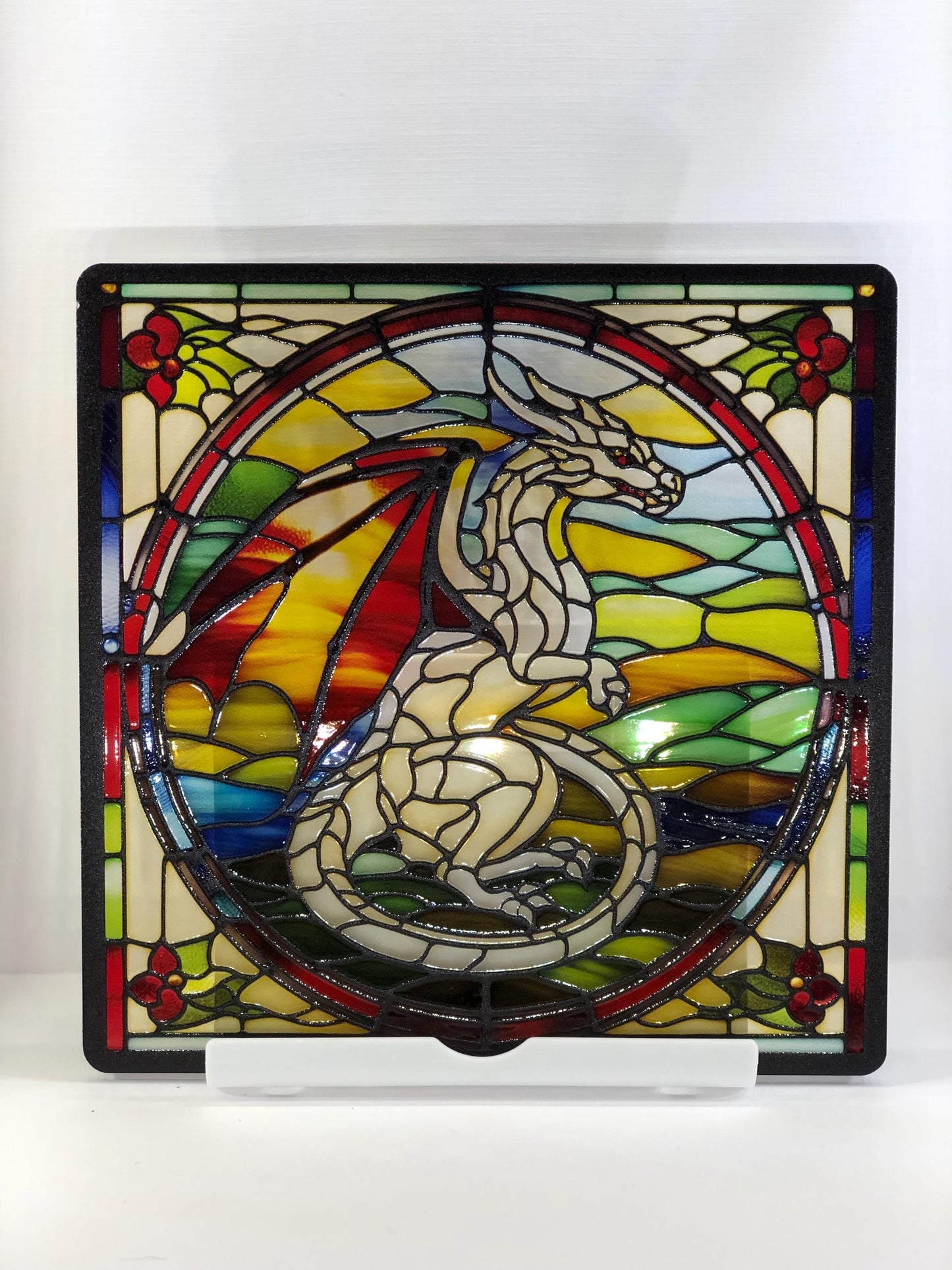 Vitrail Dragon Blanc – Décoration de Vitre Mythique – Cadeau Original pour Passionnés de Créatures Légendaires