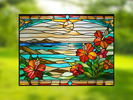 Vitrail Vue Tropicale 40x30cm – Décoration vitre Exotique – Cadeau Art Nature