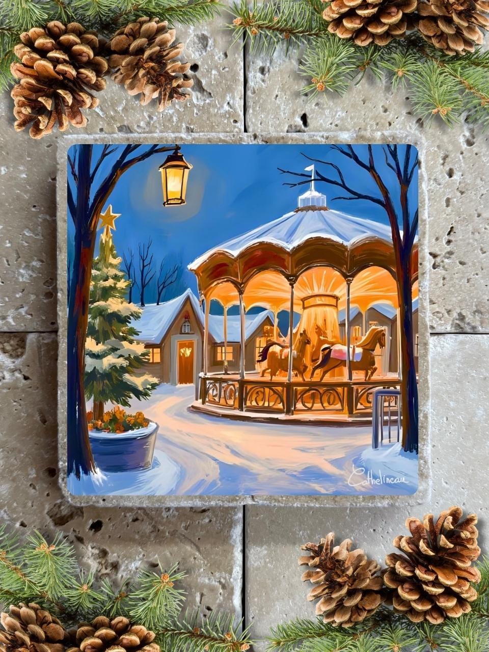 Carreau en travertin 10x10 cm – Manège de Noël sous la neige, verso liège