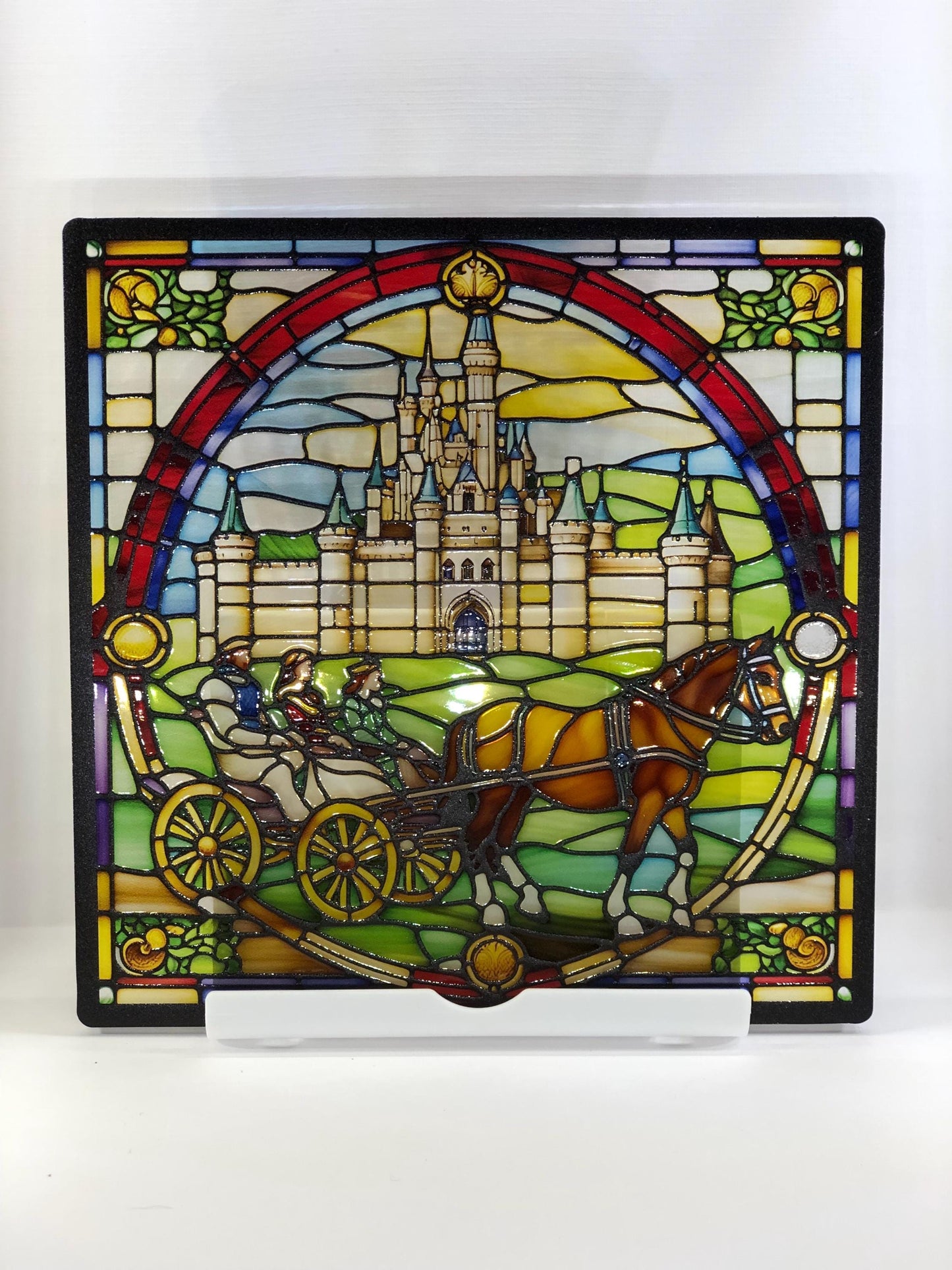 Vitrail Château et son cheval – Décoration de Vitre Féérique – Cadeau Original pour Passionnés de Contes de Fées