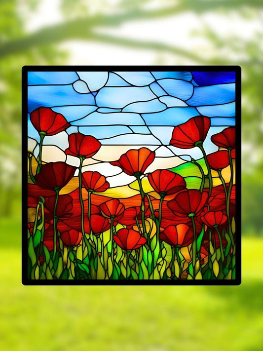 Vitrail coquelicots – Champ fleuri rouge et ciel bleu