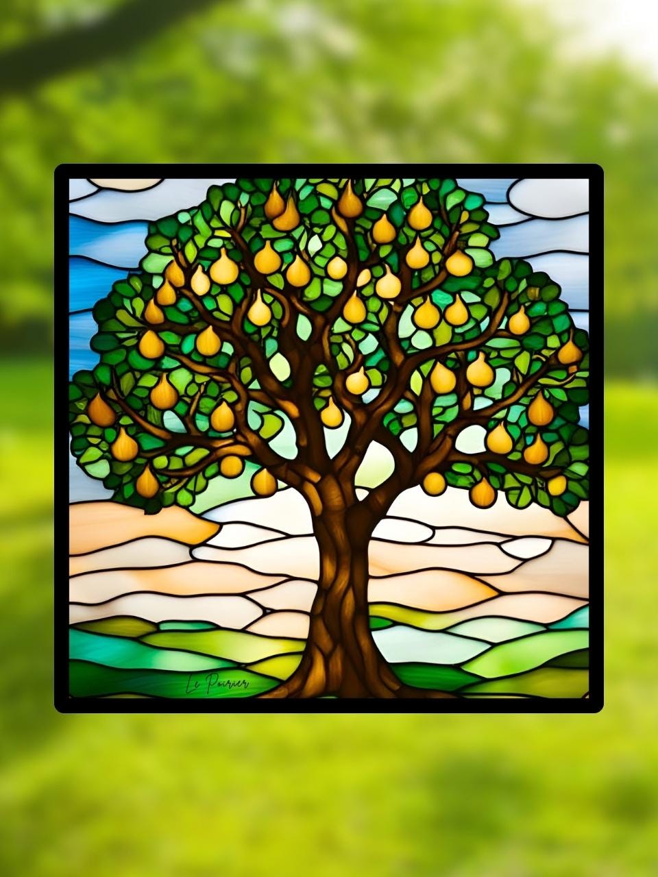 Vitrail "Le Poirier" – Arbre fruitier en vitrail art déco, format carré 14,5x14,5 cm, décoration nature lumineuse