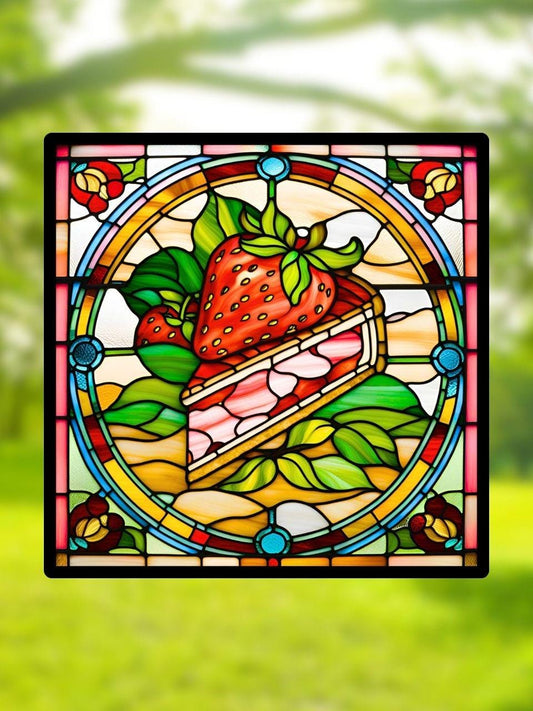 Vitrail Fraisier – Décoration de Vitre Fruitée – Cadeau Art Botanique