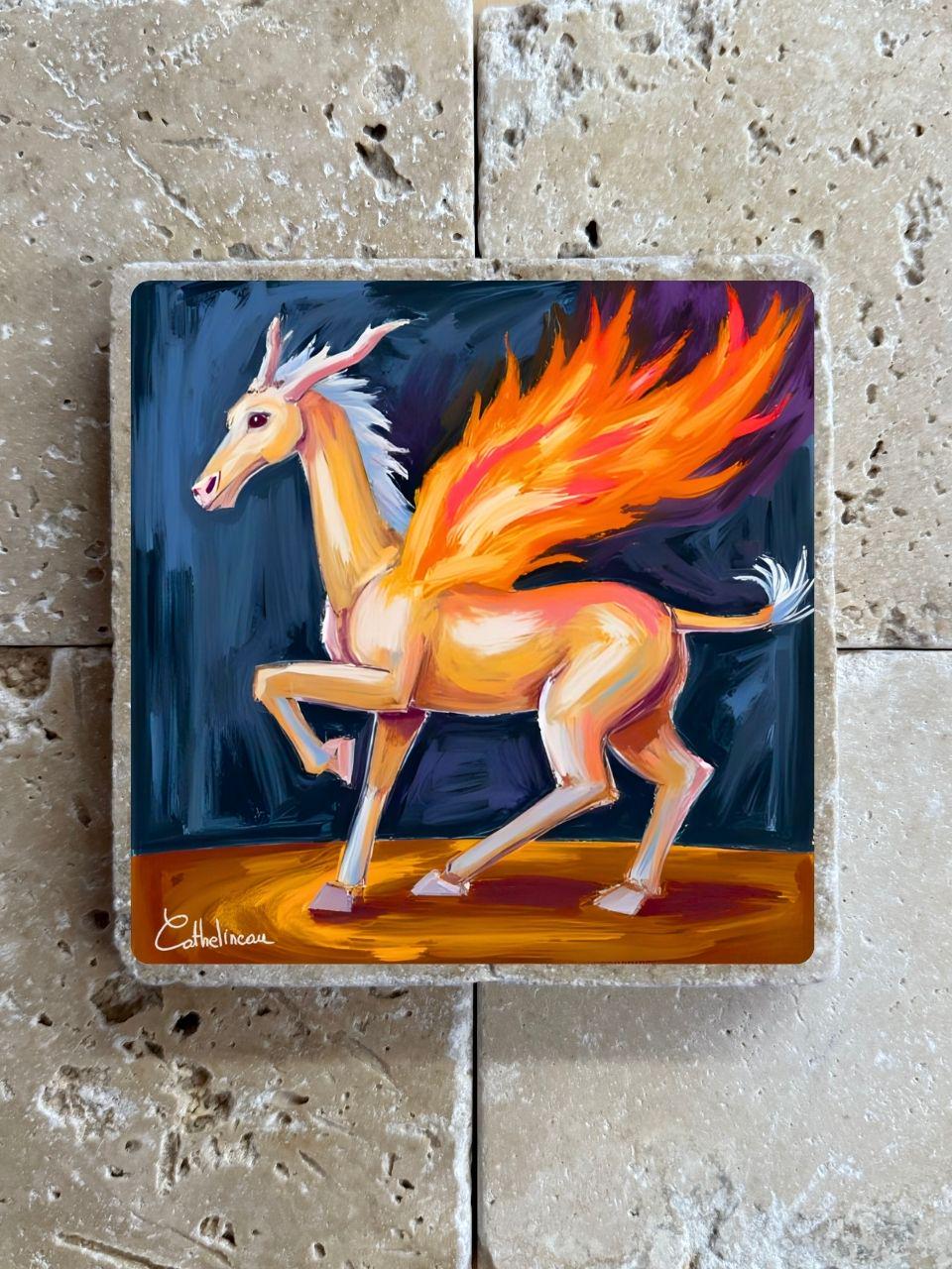 Pierre travertin 10x10 cm – Carreau décoratif cheval ailé de feu, verso liège