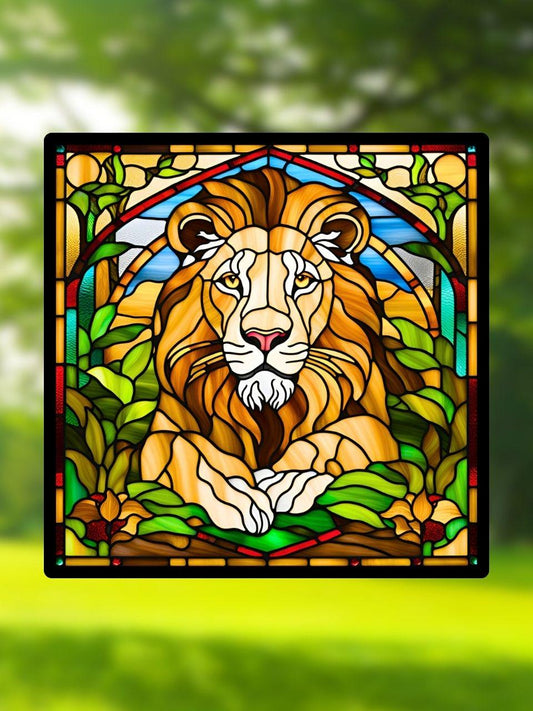 Vitrail Lion Majestueux – Décoration de Vitre Jungle – Cadeau Original pour Amoureux des Félins et de la Nature