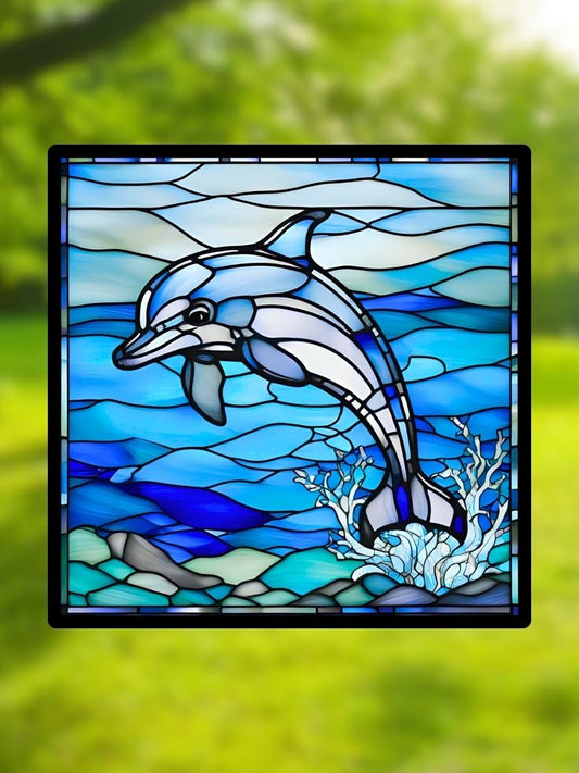 Vitrail Le Dauphin – Décoration de Vitre Inspirée de la Nature – Cadeau Original pour Amoureux de la mer