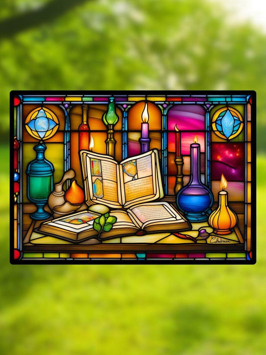 Vitrail Le Livre de Magie 210x148mm – Décoration de Vitre Inspirée de l'Univers Fantastique – Cadeau Original pour Passionnés de Magie