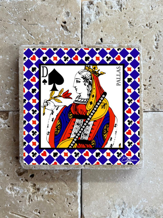 Dame de Pique sur pierre de travertin – Illustration carte à jouer – Carreau décoratif 10x10 cm – Résistant eau et température