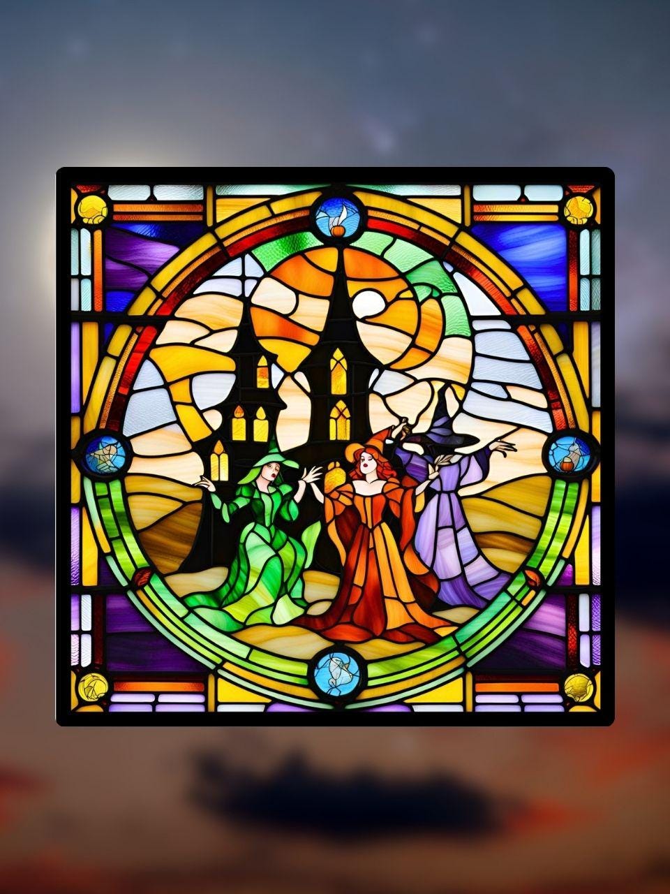 Vitrail Les 3 Sorcières au Château – Décoration de Vitre Mystique – Cadeau Original pour Passionnés de Magie et de Contes