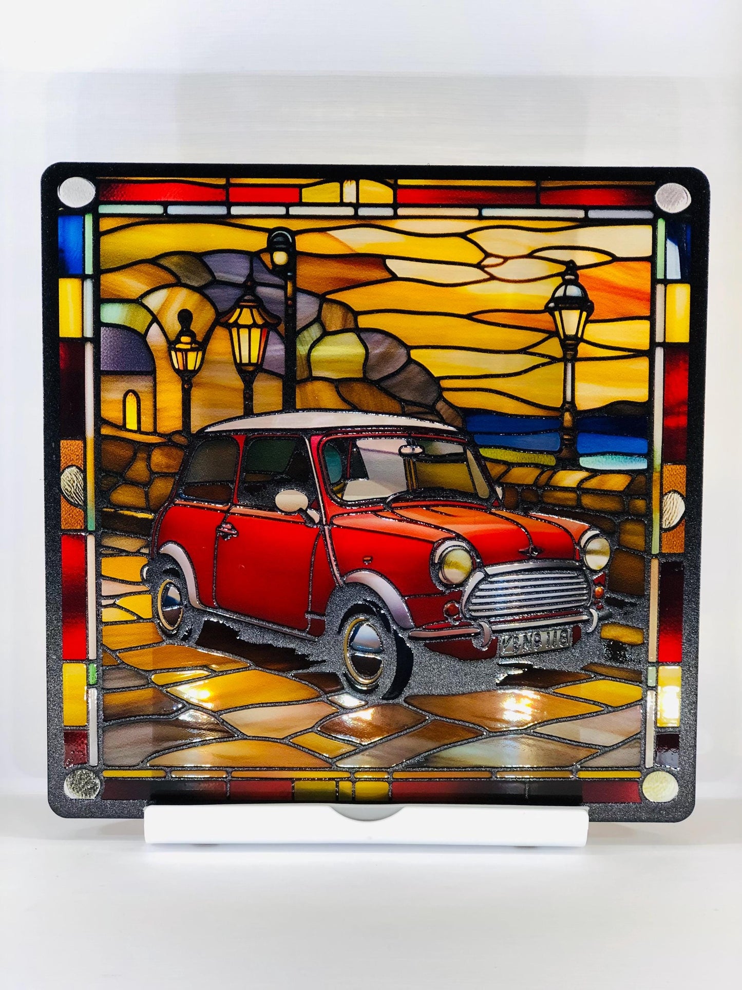 Vitrail Austin Mini rouge – Décoration vitre rétro – Cadeau voiture classique