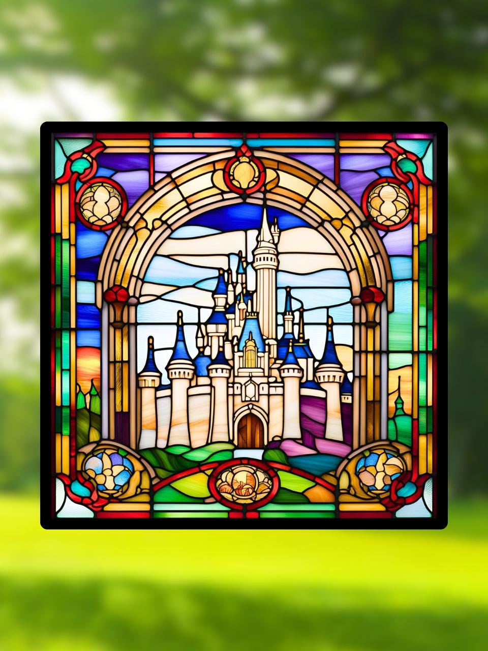 Vitrail Château – Décoration de Vitre Féérique – Cadeau Original pour Passionnés de Contes de Fées