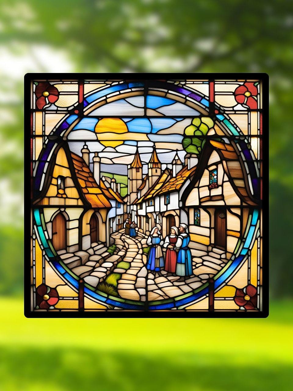 Vitrail Le Village Médiéval – Décoration de Vitre Historique – Cadeau Original pour Passionnés du Moyen Âge