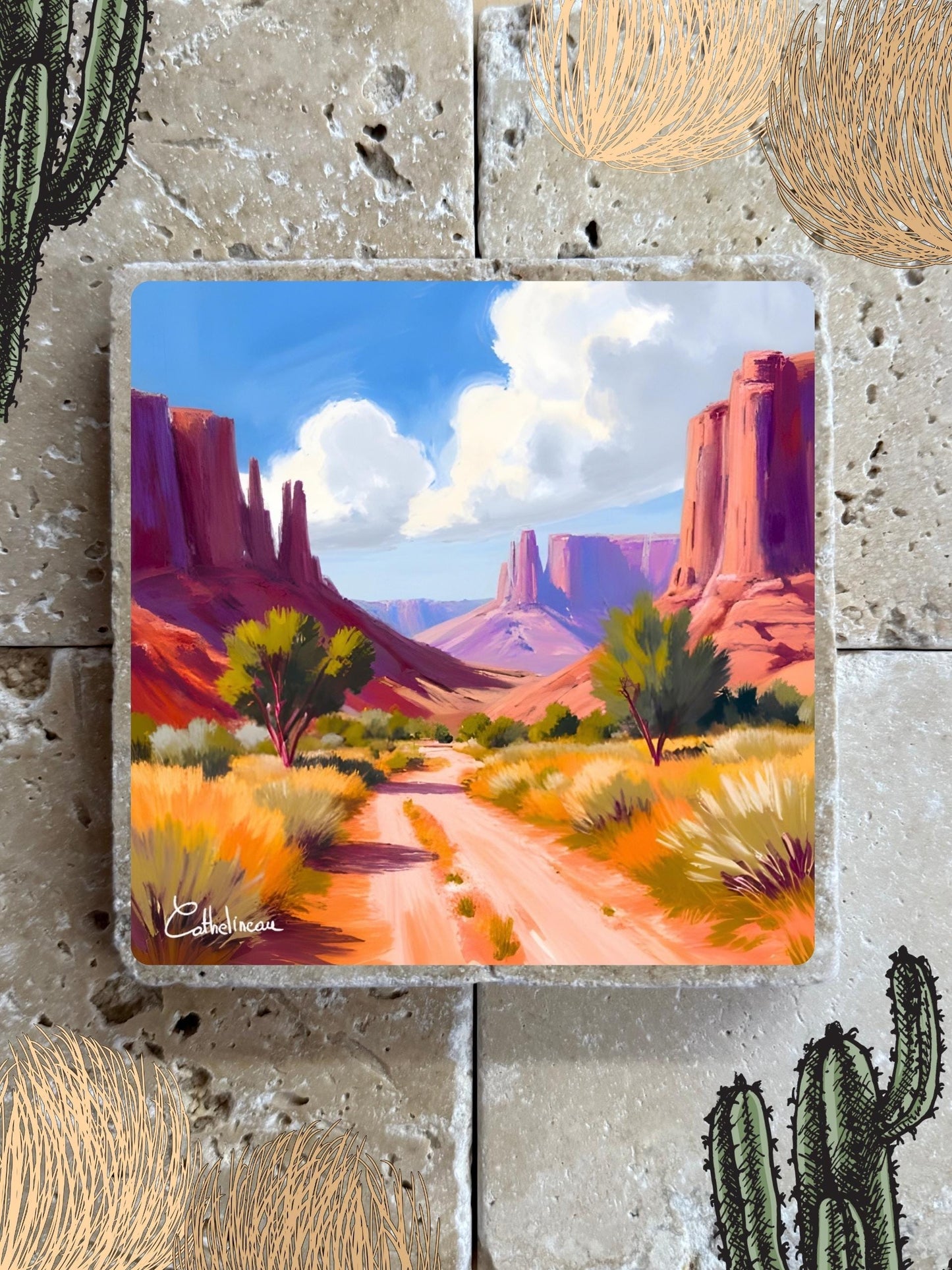 Pierre travertin 10x10 cm – Carreau décoratif paysage du Far West, désert américain et mesas rocheuses, verso liège