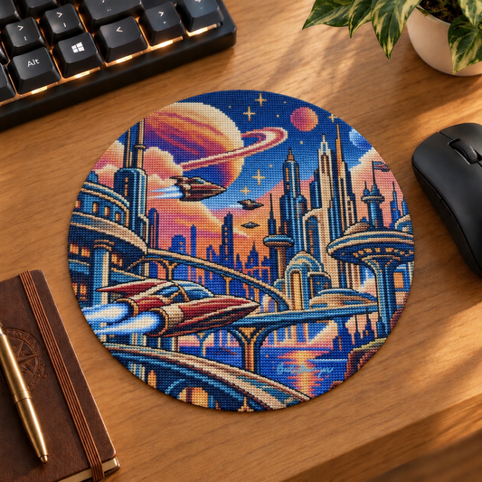 Mockup mis à jour du tapis de souris rond Ville spatiale avec couleurs fidèles à l’original