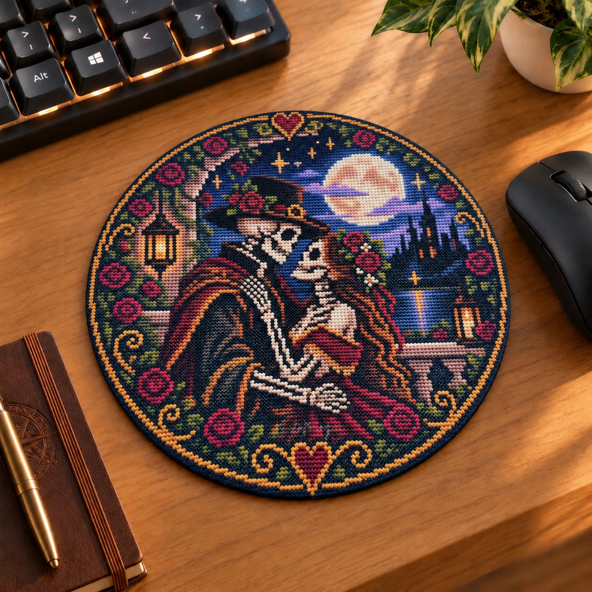 Mockup du tapis de souris rond Amour éternel gothique avec couple de squelettes sous la pleine lune