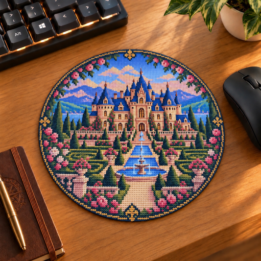 Mockup tapis de souris rond château enchanté entouré de jardins fleuris et de fontaines