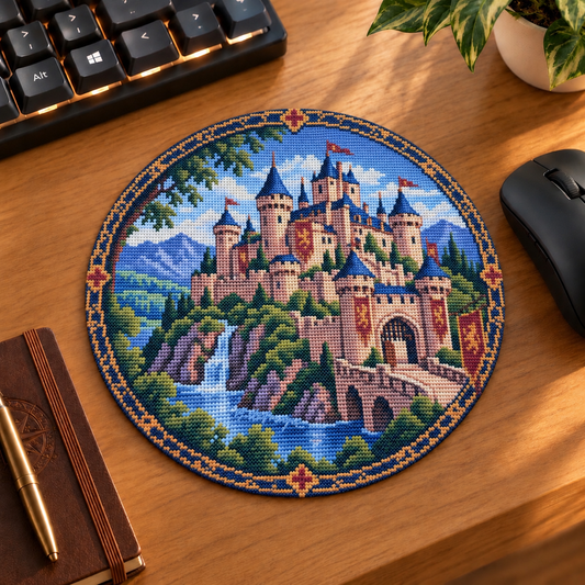 Mockup tapis de souris rond Château médiéval avec cascade, rivière, montagnes et bordure dorée