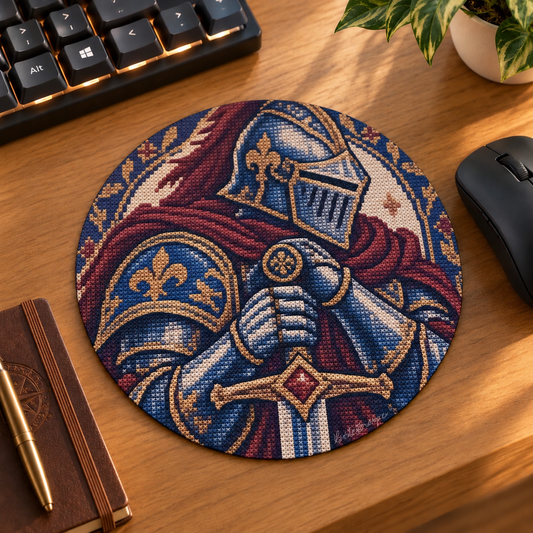 Mockup corrigé du tapis de souris rond Chevalier héraldique, avec armure bleue et rouge et détails dorés, couleurs proches de la photo originale