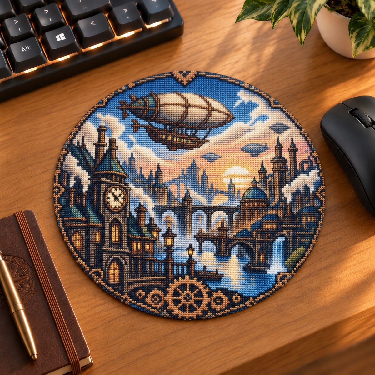 Mockup du tapis de souris rond Cité steampunk avec dirigeable, horloge, engrenages et ville fantastique