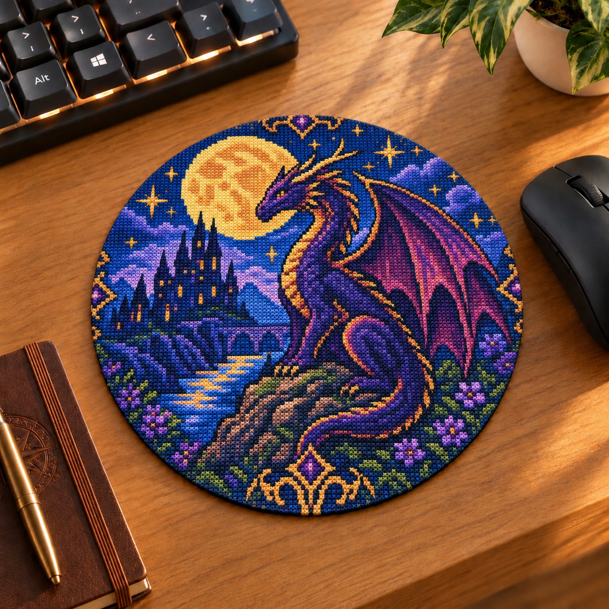 Mockup tapis de souris rond Dragon lunaire avec dragon violet, pleine lune et château