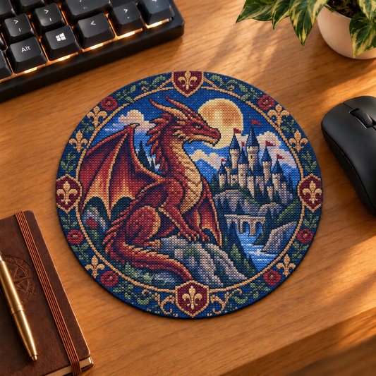 Mockup tapis de souris rond Dragon médiéval rouge-brun, château et lune