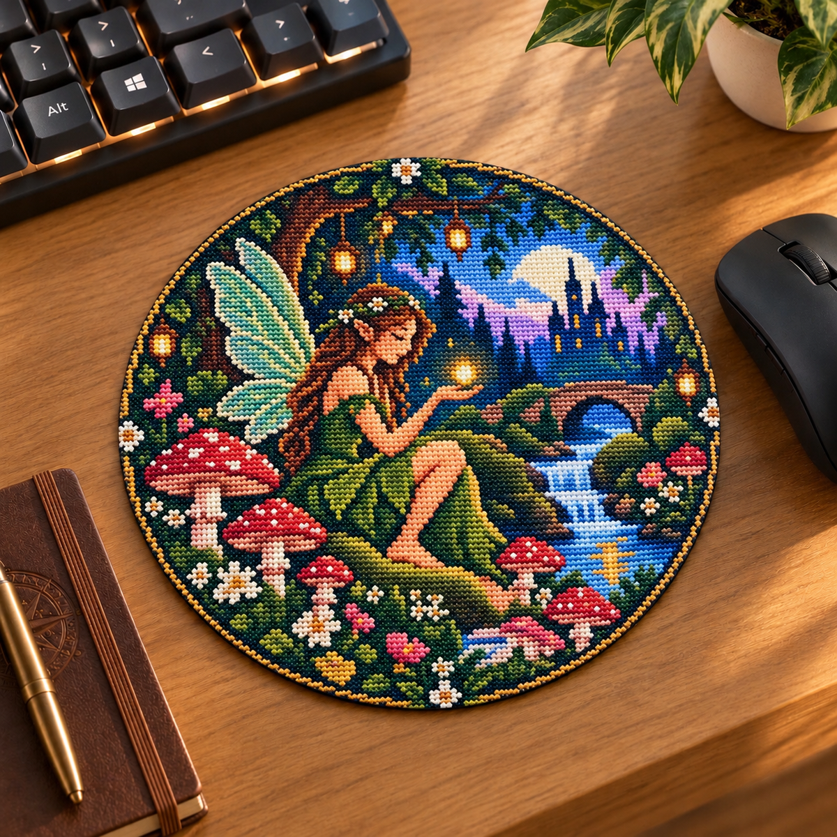 Mockup corrigé du tapis de souris rond Fée de la forêt enchantée, reprenant fidèlement le visuel de la fée dans la forêt