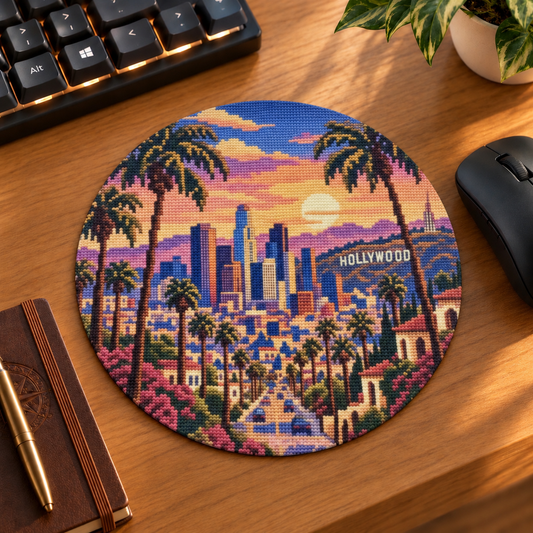 Mockup corrigé du tapis de souris rond Los Angeles Hollywood, avec des couleurs pastel proches du visuel original