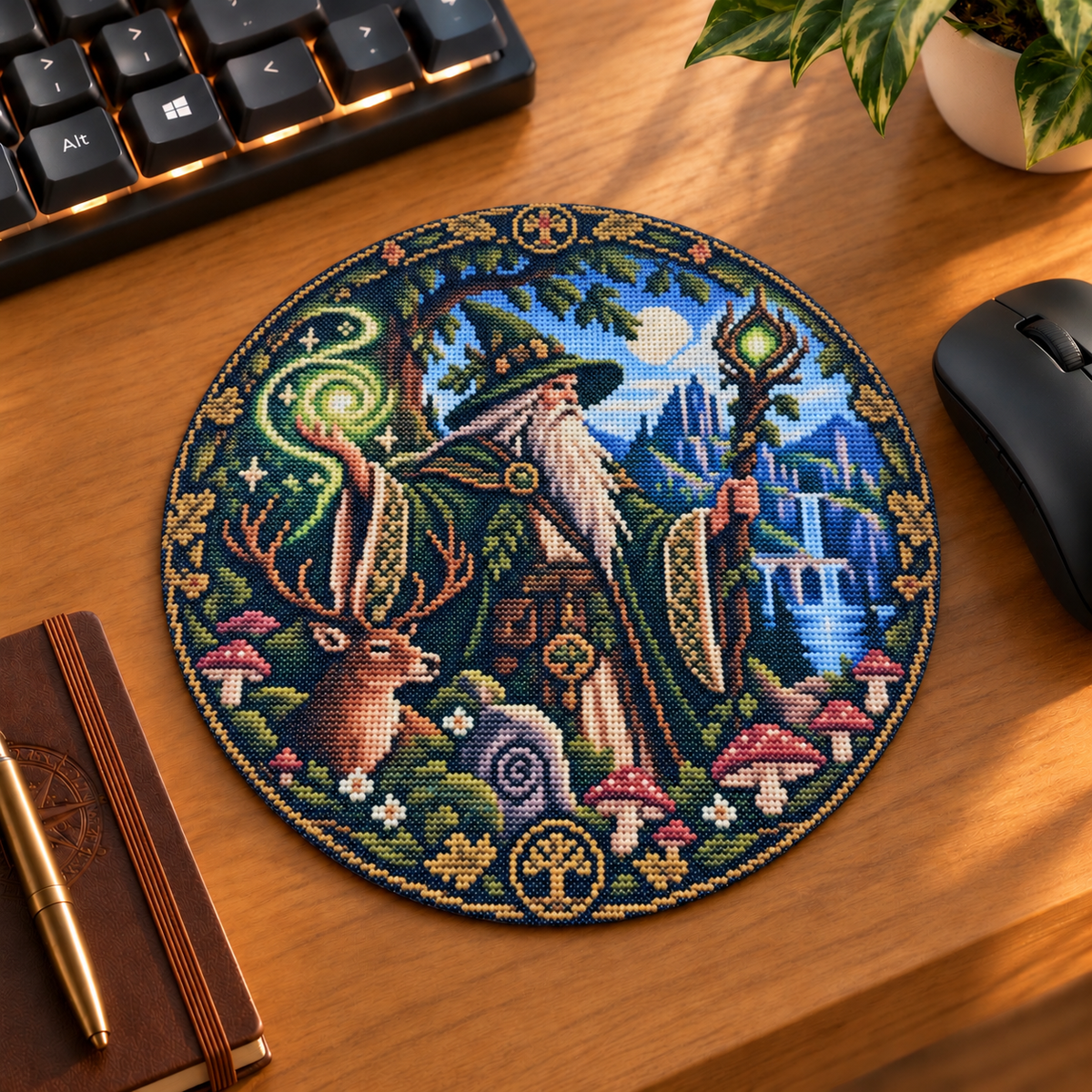 Mockup tapis de souris rond Magicien de la forêt enchantée, cerf, champignons et magie