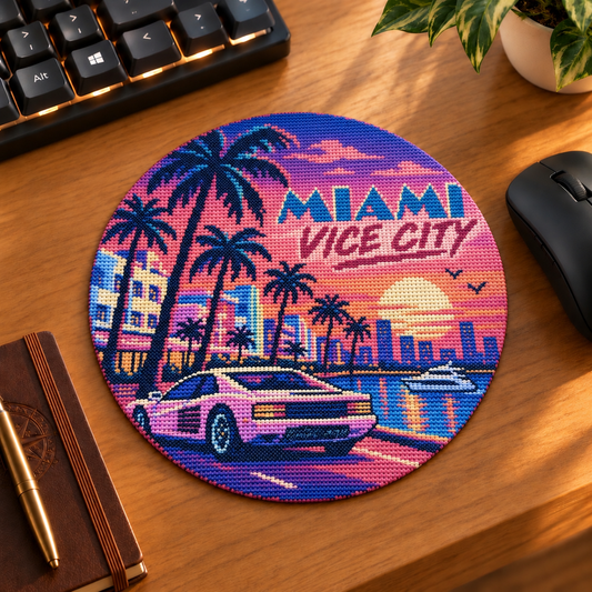 Mockup tapis de souris rond Miami Vice City, palmiers, coucher de soleil et voiture rose