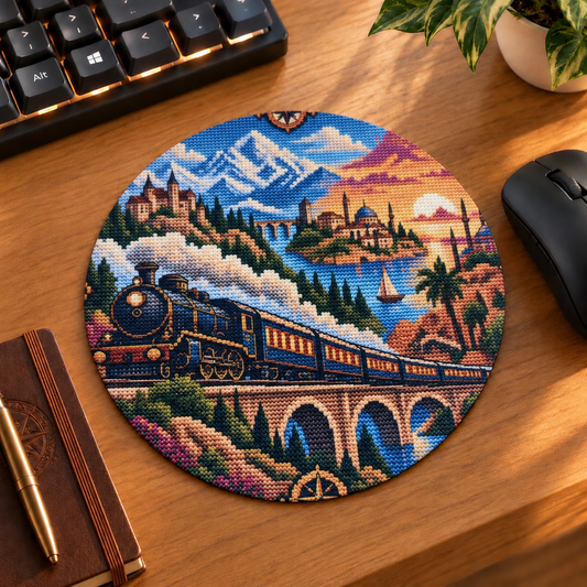 Mockup du tapis de souris rond Train fantastique avec train à vapeur, viaduc et paysage de montagnes