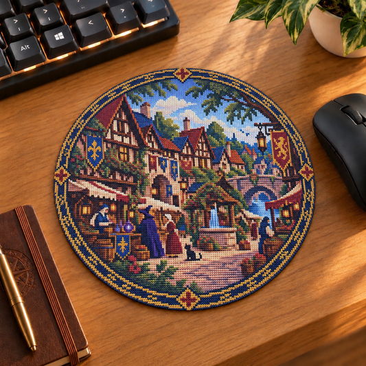 Mockup tapis de souris rond village médiéval, maisons à colombages, fontaine et personnages