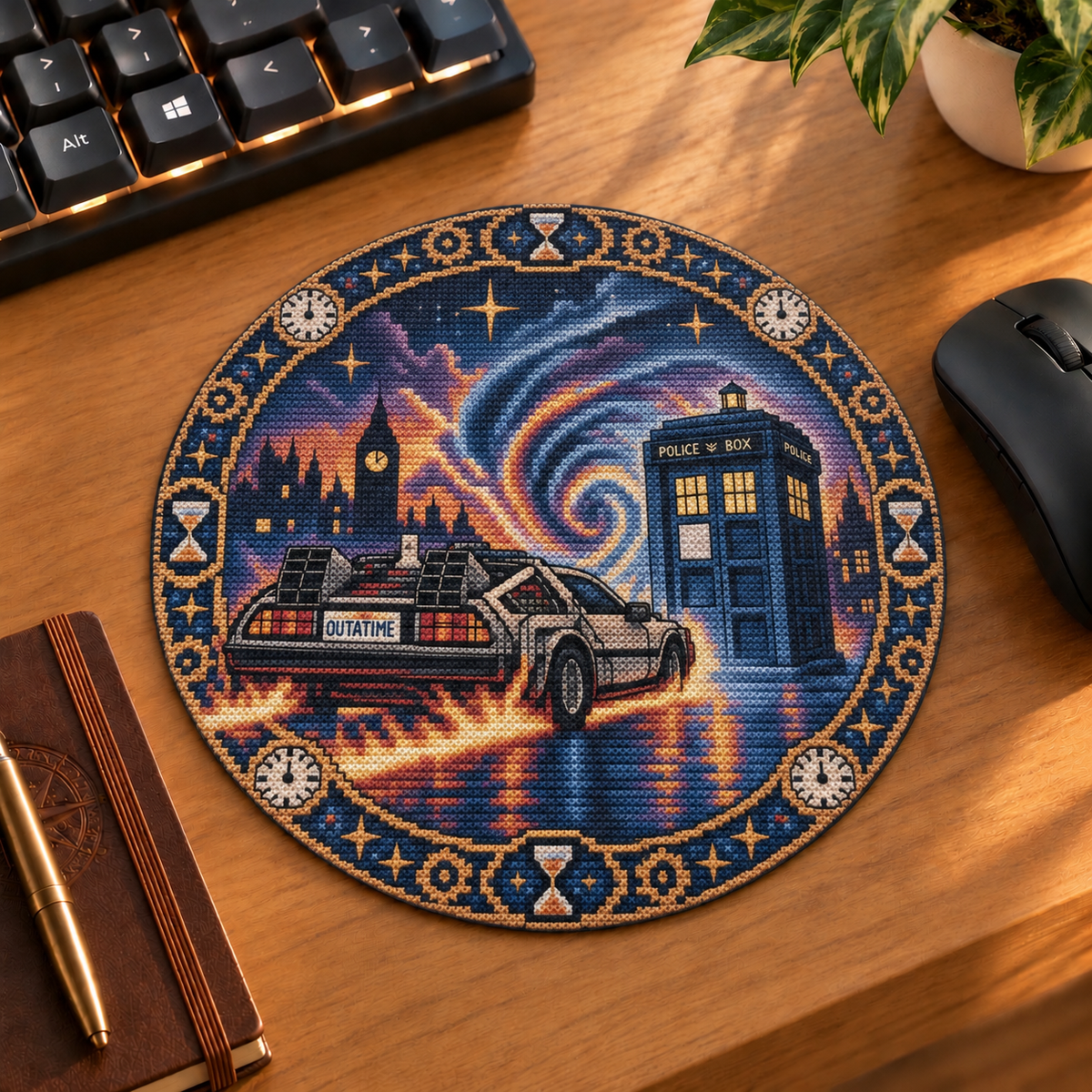 Mockup aux teintes douces du tapis de souris rond Voyage temporel, avec vortex cosmique, cabine bleue et DeLorean sur un bureau en bois
