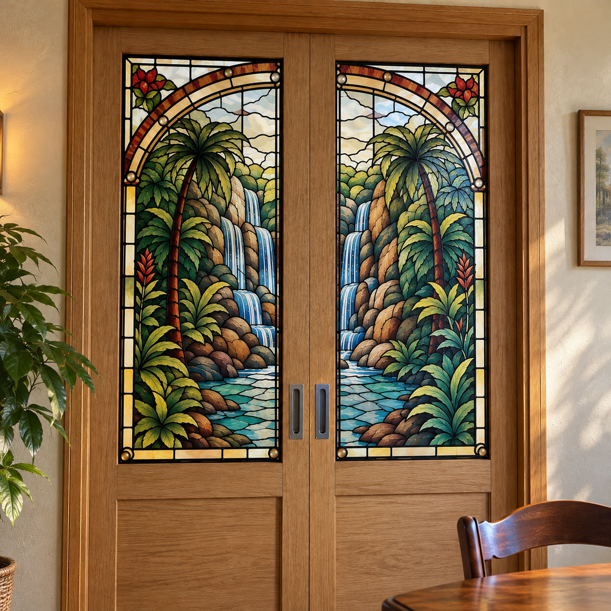 Vitraux décoratifs représentant une cascade tropicale sur deux portes en bois, photo carrée aux couleurs naturelles