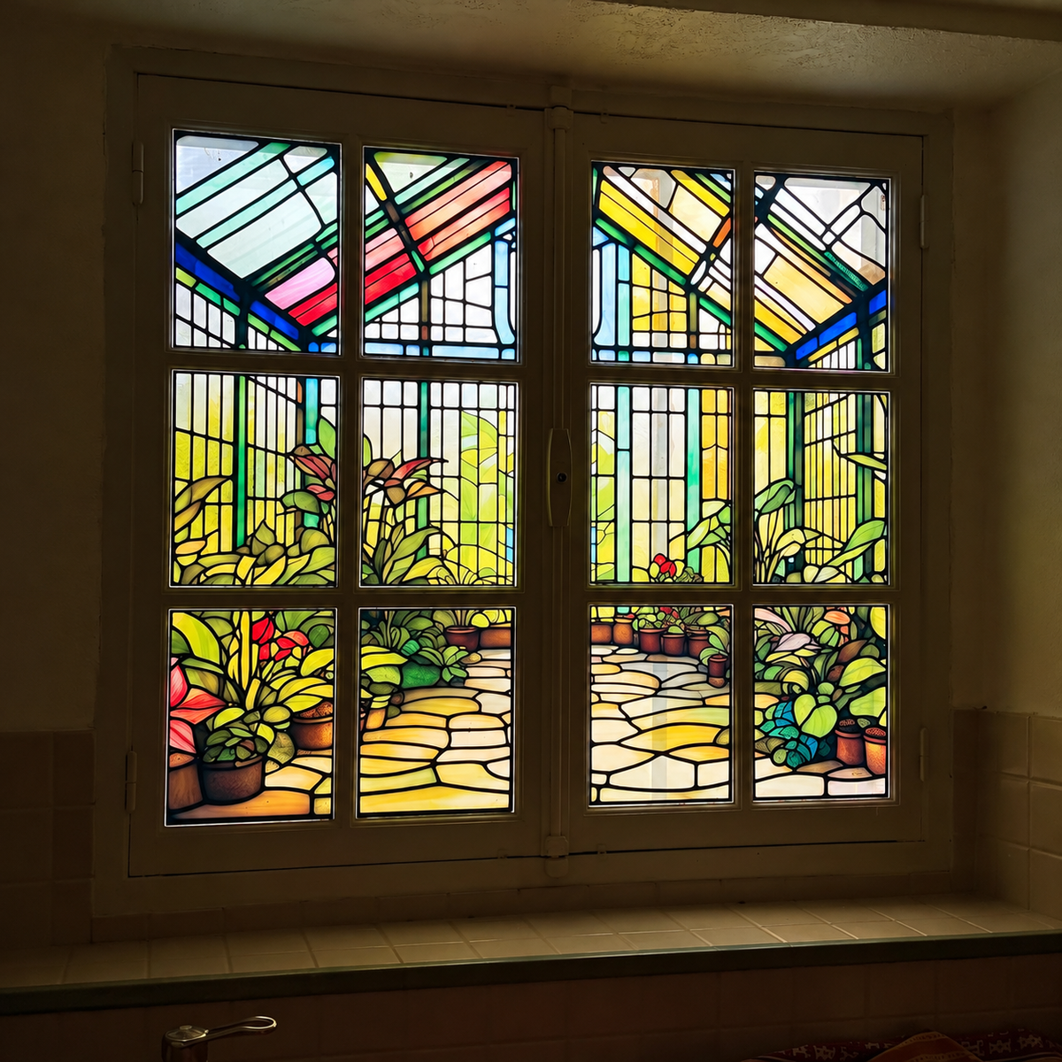 Vitrail décoratif représentant une verrière de jardin avec plantes et chemin, installé sur une fenêtre