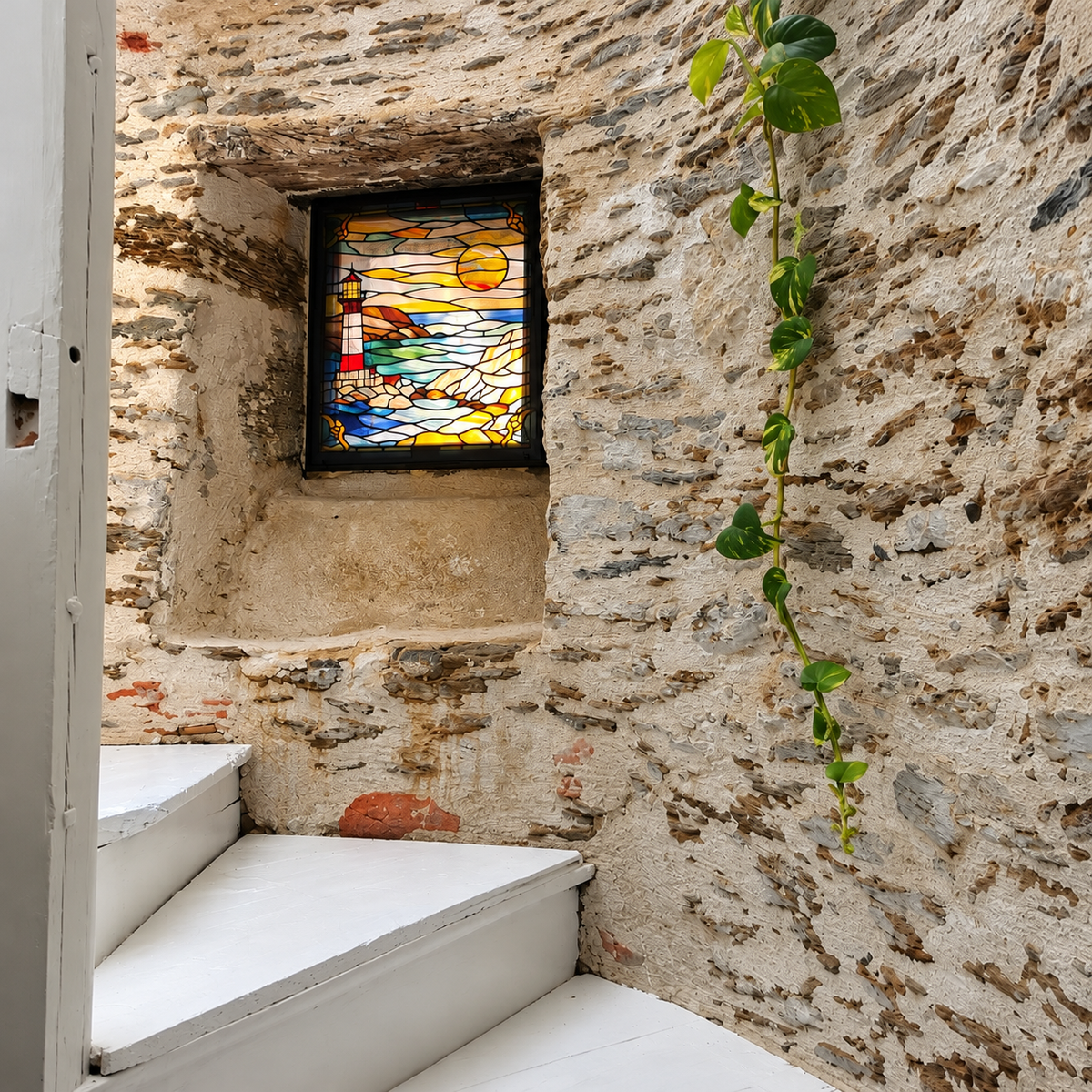 Vitrail décoratif au phare dans un escalier en pierre, photo carrée de mise en situation